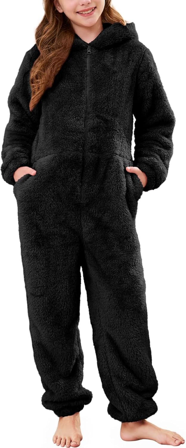 Girls Fleece Jumpsuits Fuzzy Hooded Rompers Kids Zip up Onesie Romper Costume Warm Winter Clothes 5-14 Years