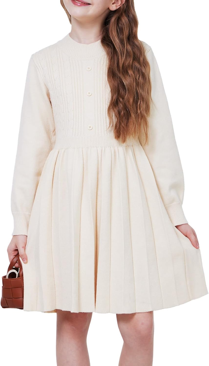 Girl's Sweater Dress Long Sleeve Button Pleated Casual Fall Winter Knit Dresses 5-12Y
