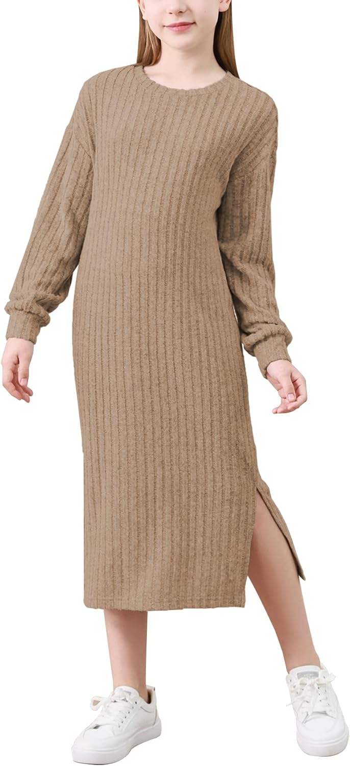 Girls Long Sleeve Casual Sweater Rib Knit Split Straight Shift Midi Dress 6-16Y