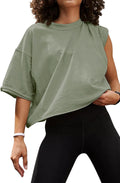 Women's Oversize Workout Crop Tops Casual Short Sleeve Drop Shoulder Boxy T-Shirts Roll Hem Basic Loose Yoga Running Tees