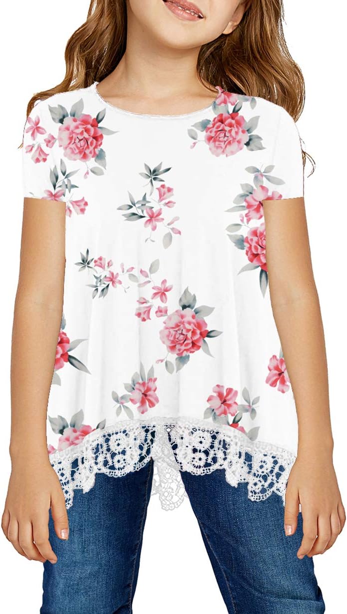 Girls Casual Tunic Tops Short Sleeve Loose Soft Blouse T-Shirt for 4-13 Years