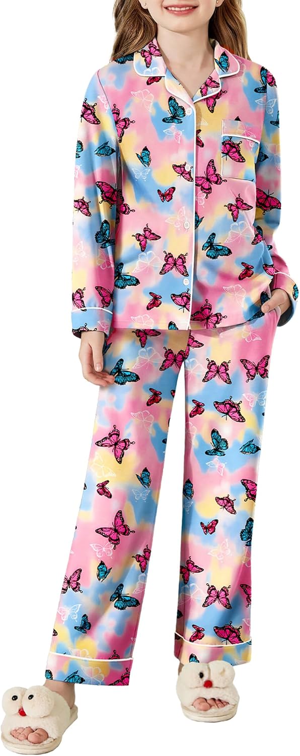 Pajamas Set for Girls Plaid Long Sleeve Lounge Set Button Down Pj Sets