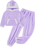 Girls Fleece Pajamas Sets Solid Color Sleepwear Bear Ear Loungewear Pants Set 6-13Y