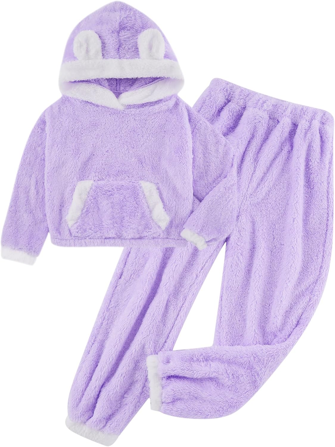 Girls Fleece Pajamas Sets Solid Color Sleepwear Bear Ear Loungewear Pants Set 6-13Y