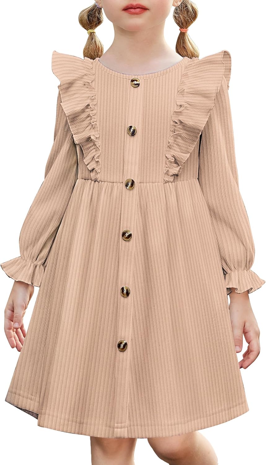 Toddler Fall Winter Sweater Dress Ruffle Long Sleeve Ribbed Knit Button Down Casual Dresses with Pockets