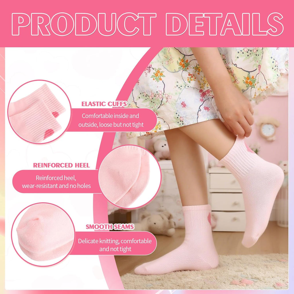 6 Pairs Kids Girls Pink White Crew Athletic Socks with Stripes Hearts,Casual Stretchy Socks for Girls and Boys