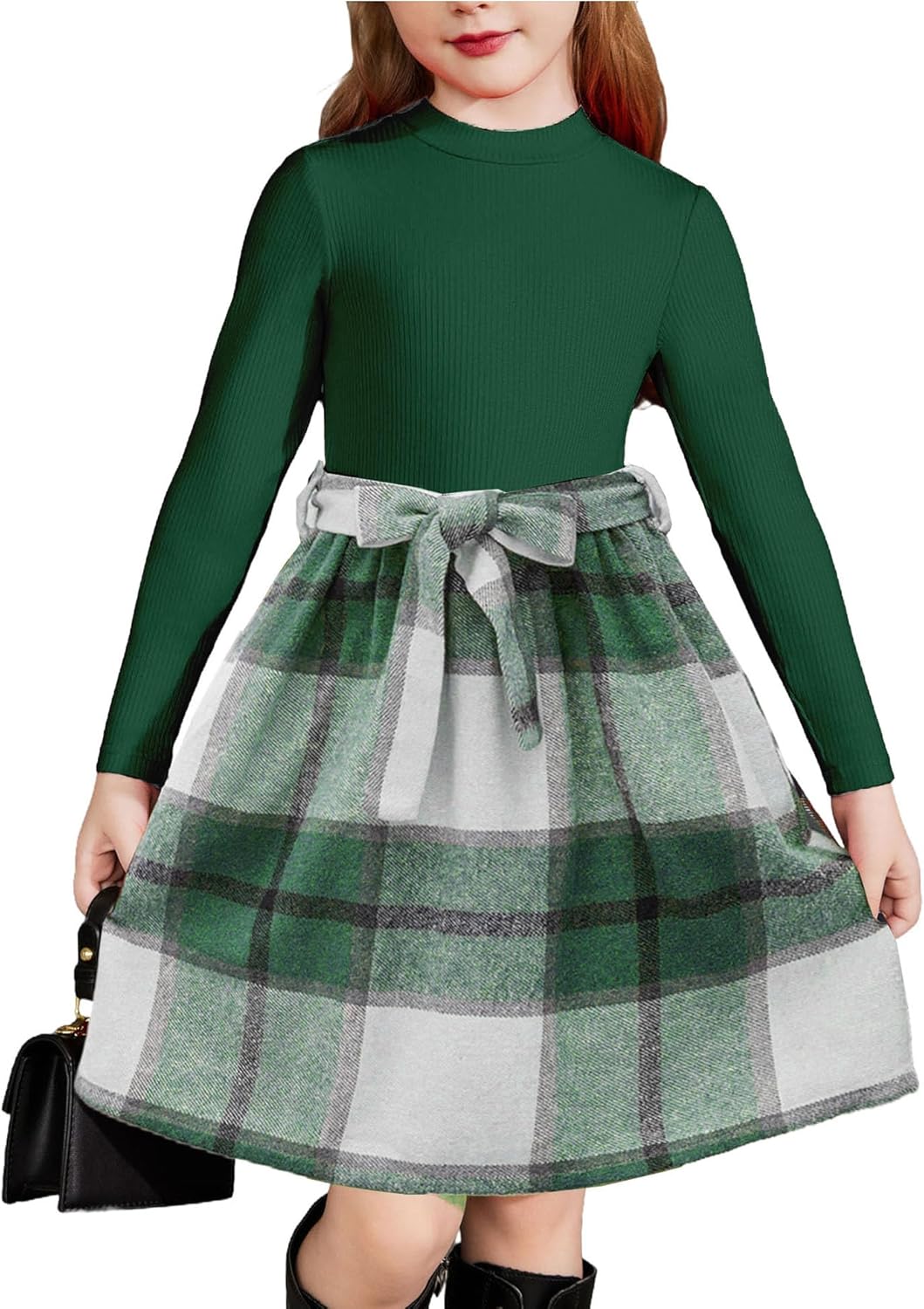 Girls Dresses Long Sleeve Rib Knit Plaid Patchwork Belted Dress with Pockets