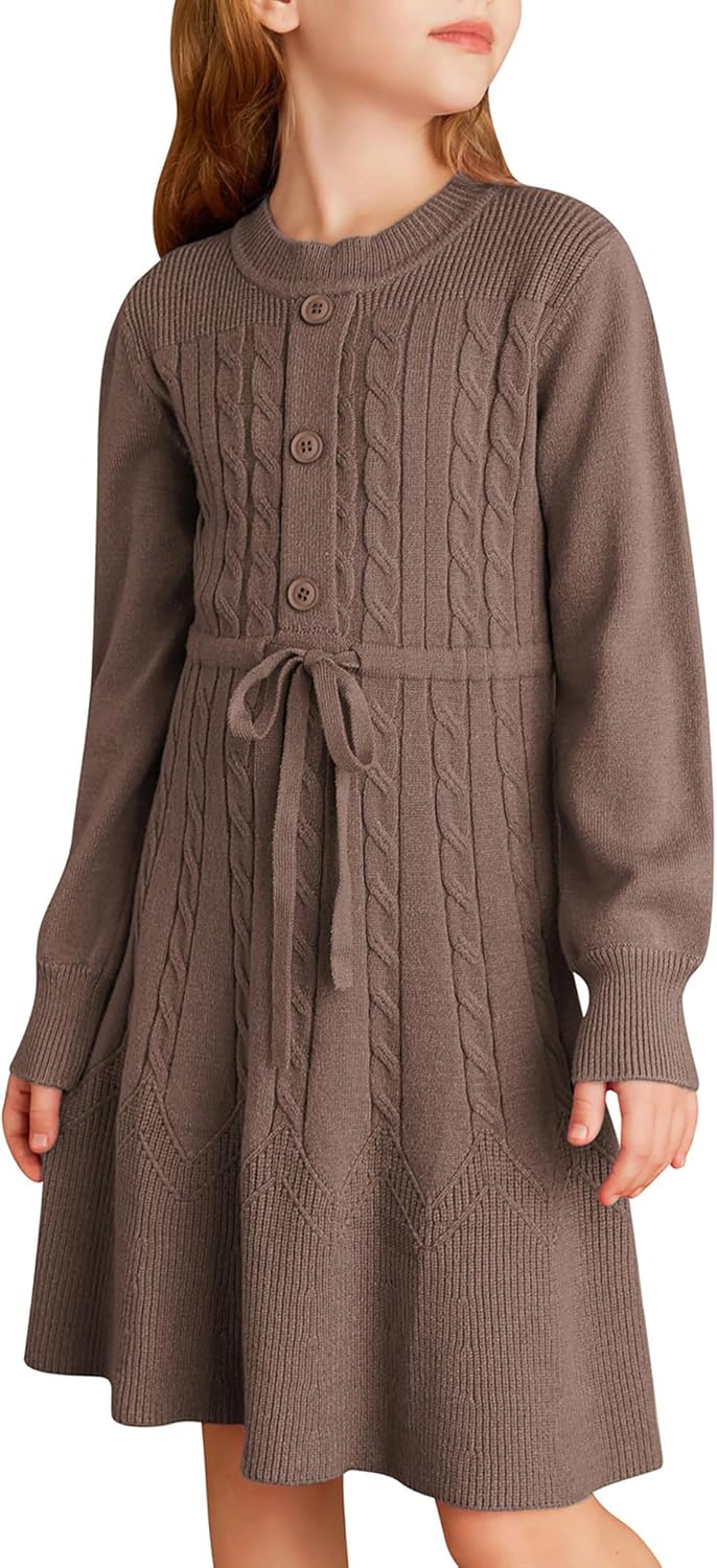 Girls Sweater Dress Fall Winter Long Sleeve Kids Fashion Drawstring Waist Cable Knit Dresses Size 5-12