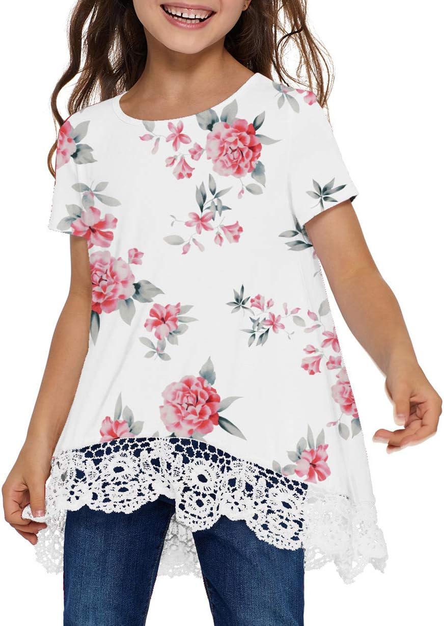 Girls Casual Tunic Tops Short Sleeve Loose Soft Blouse T-Shirt for 4-13 Years