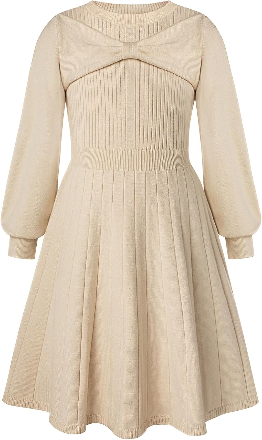 Girls Sweater Dress Bow Collar Pleated Skirt 6-14Y Back to School Outfit Knit Fall Winter Dress