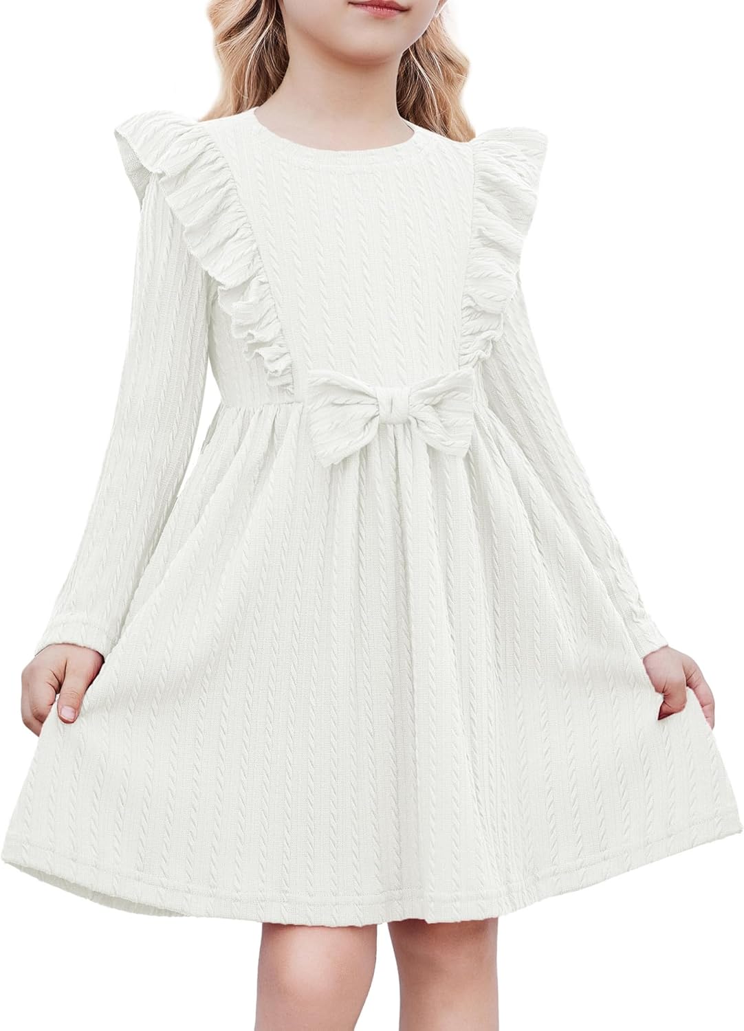 Toddler Girl Dress Ruffle Ribbed Knit Long Sleeve A-Line Swing Fall Winter Bowknot Casual Dress with Pockets