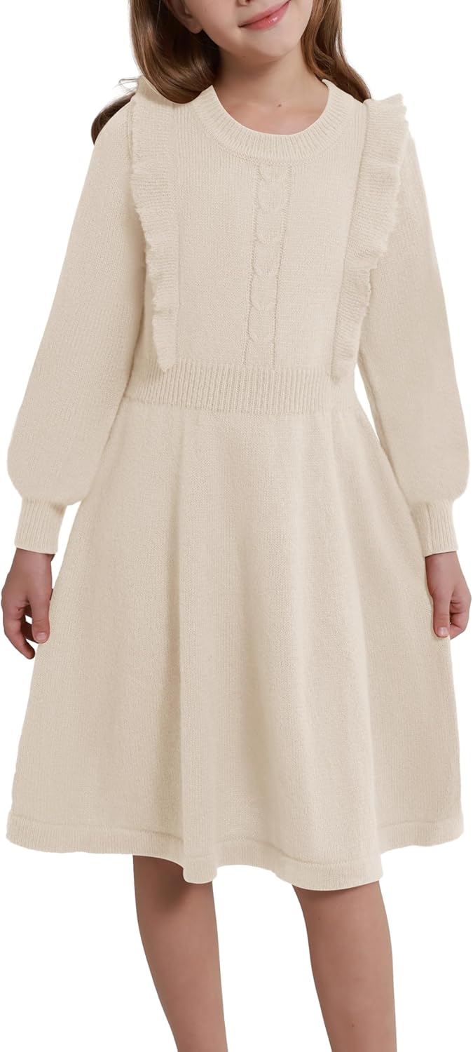 Girls Sweater Dress Ruffle Long Sleeve Ribbed Knit Fall Winter Party Dress for Teen Girls 5-14Y