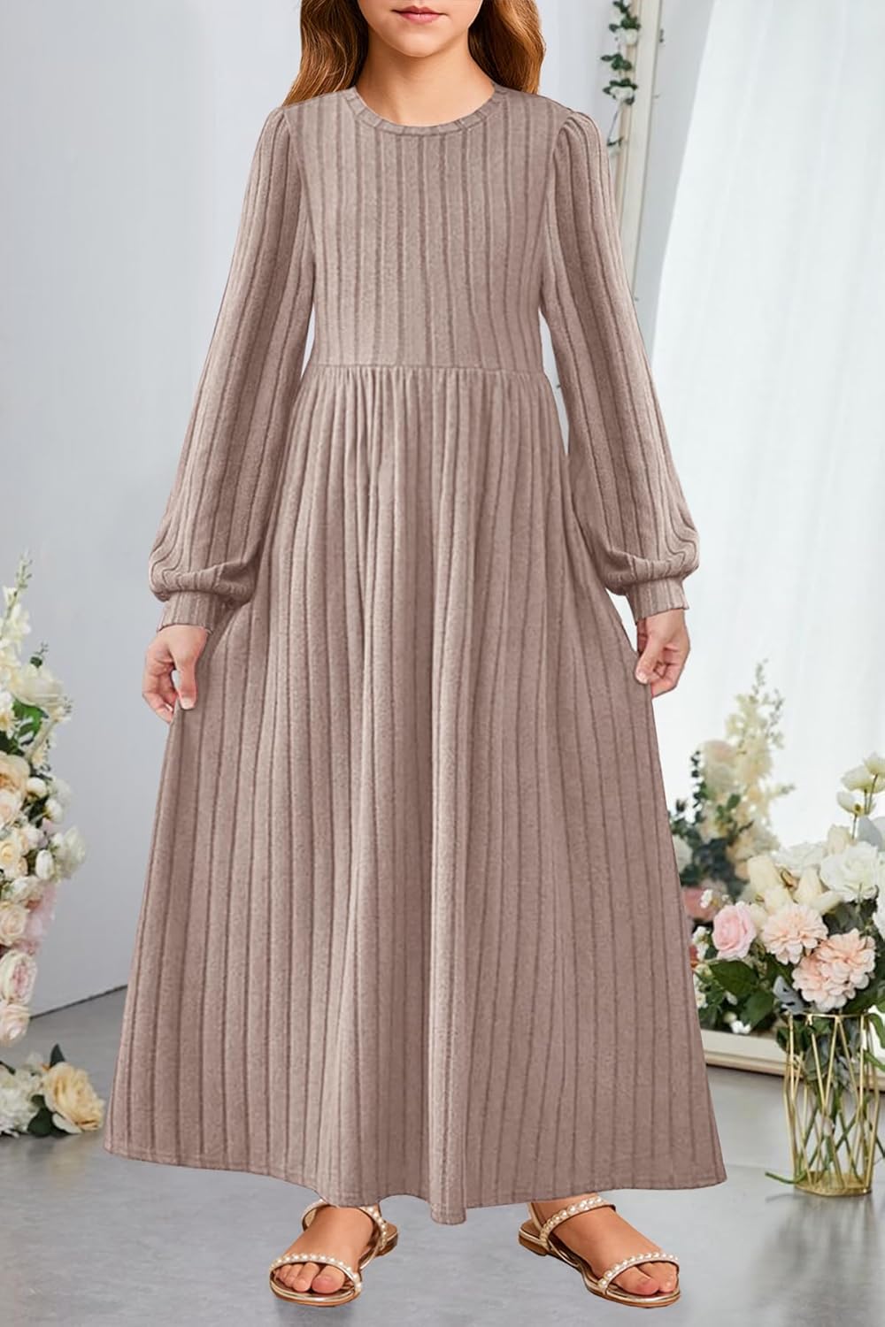 Girls Sweater Dress Fall Winter Lantern Long Sleeve Crew Neck Casual Flowy Knit Maxi Dresses with Pockets for 6-12 Y