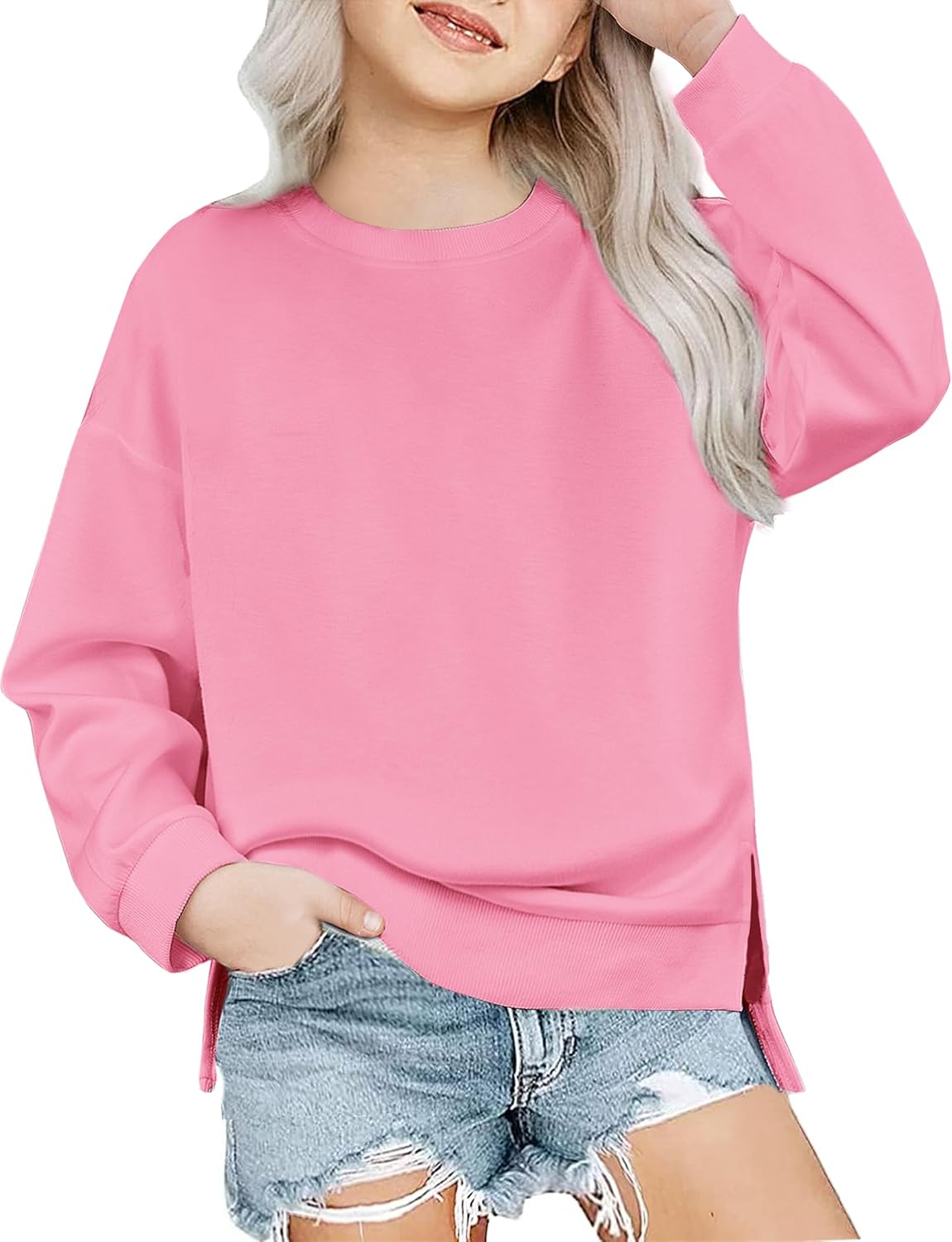 Girls Crewneck Sweatshirt Long Sleeve Pullover Tops Drop Shoulder Sweatshirts Side Split for 5-14 Years