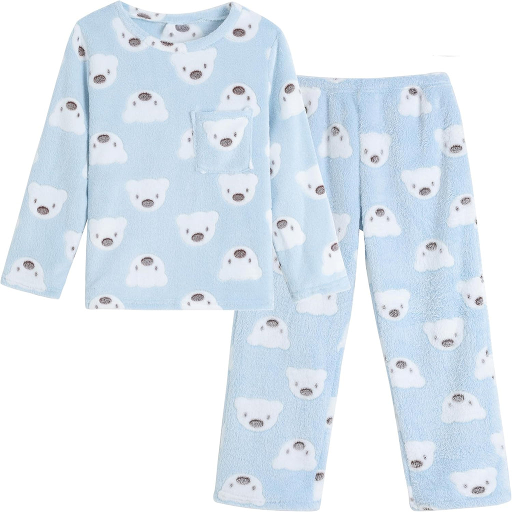 Big Kids Winter Flannel Pajama Sets Long Sleeve with Pants Cartoon Sleepwear Plush Fleece Nighty with Pockets