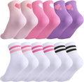 6 Pairs Kids Girls Pink White Crew Athletic Socks with Stripes Hearts,Casual Stretchy Socks for Girls and Boys