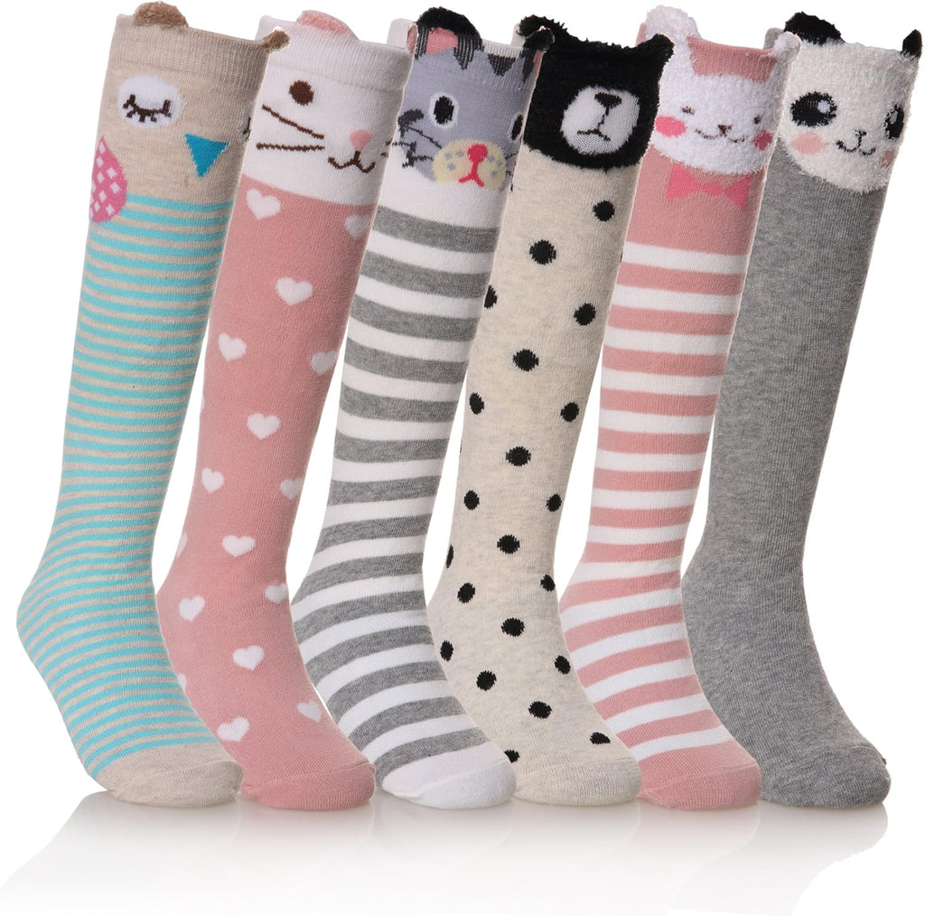 Girls Knee High Socks Kids Crazy Fun Gift Cute Animal Patterns Cotton Long Socks 6 Pairs